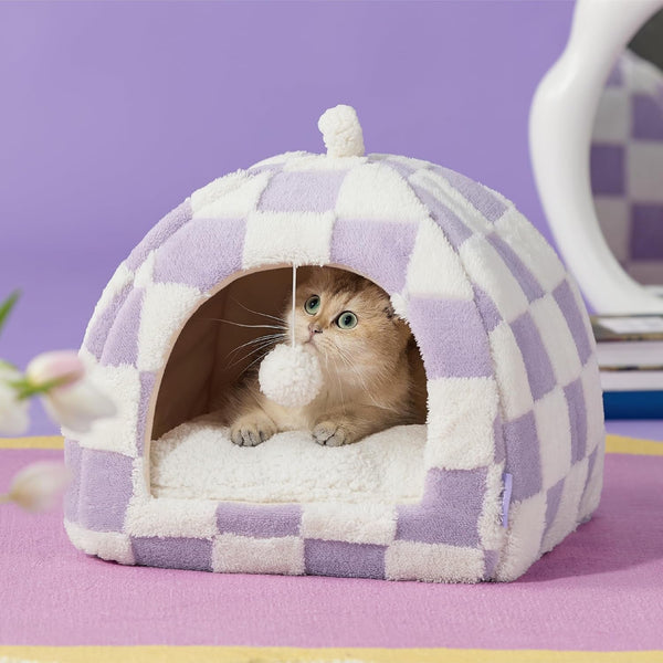 Lesure 2In1 Cute Cat House for Kitten with Washable Cushioned Pillow,16In | Cat Beds for Indoor Cats,Small Pet Cave Tent,Cozy Enclosed Foldable Hideaway,Fluffy Ball,Anti Slip Bottom,Hand Strap,Purple6