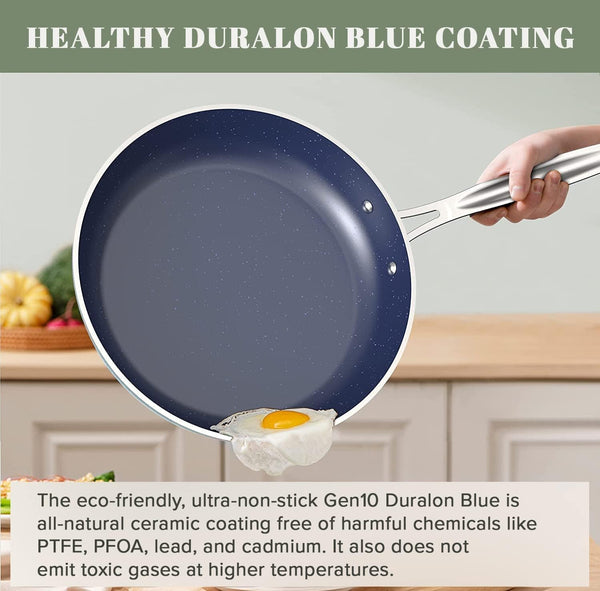 7Pc Cookware Set Healthy Duralon Blue Ceramic Nonstick Coated | Diamond Infused Scratch-Resistant, PFAS Free, Oven Safe, Induction Ready, Evenly Heats, Tempered Glass Lids, Stay-Cool Handle7