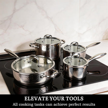 14-Piece Tri-Ply Hammered Stainless Steel Cookware Set | Multifunctional 14Pc Pots and Pans with Steamer | Non-Toxic No-Coating Nonstick | Induction & Oven-Safe up to 500°F8