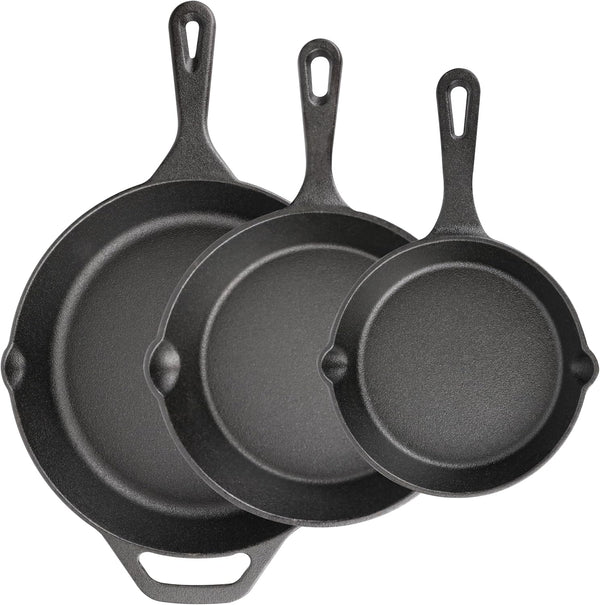Cast Iron Skillet 3-Piece Set, 6", 8", 10" Frying Pans, Heavy-Duty Pre-Seasoned Pan Cookware Set, for Frying, Saute, Cooking, Pizza & More, Black1