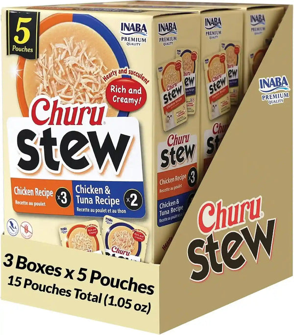 INABA Churu Stew for Cats, Creamy Purée Side Dish Pouch, 1.05 Oz Pouches, 15 Pouches Total, Chicken Variety15
