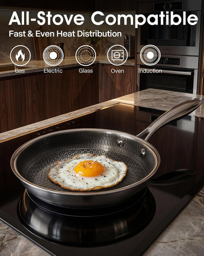 Hybrid Non Stick Frying Pans with Glass Lid, 8-Inch Frying Pan. | Stainless Steel Skillet with Honeycomb Surface,Oven-Safe,Pfas-Free,Compatible with All Cooktops.5
