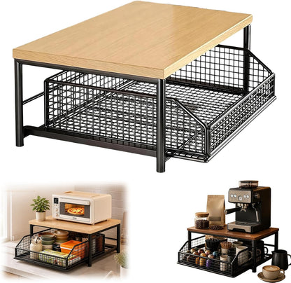 Kitchen Countertop Organizer with Drawers,Microwave Oven Rack，Natural Wood | Microwave Storage Rack with Pull-Out Drawer Basket,Space-Saving Counter Shelf Rack for Kitchen,No Installation Required1