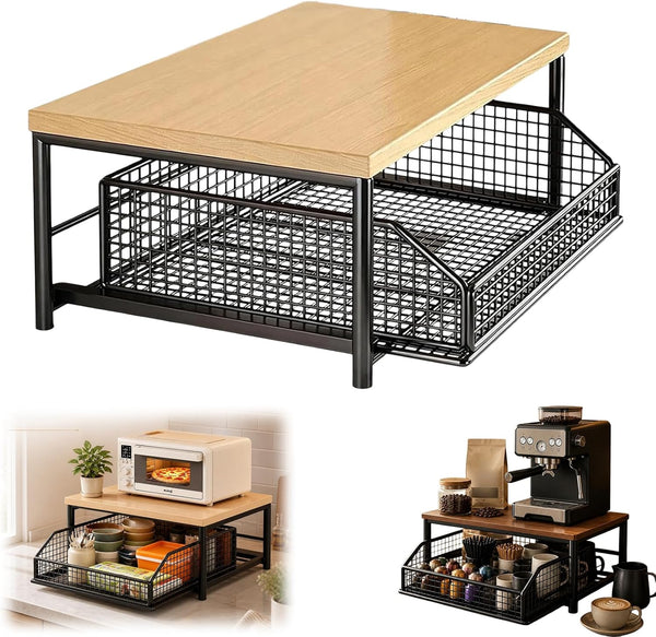 Kitchen Countertop Organizer with Drawers,Microwave Oven Rack，Natural Wood | Microwave Storage Rack with Pull-Out Drawer Basket,Space-Saving Counter Shelf Rack for Kitchen,No Installation Required1