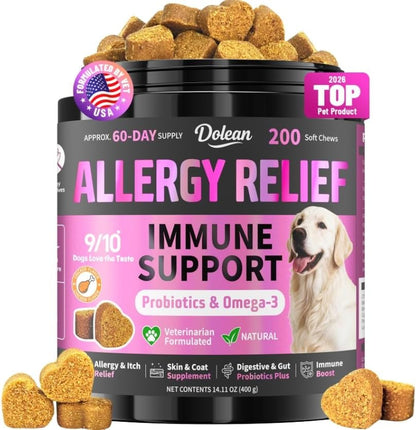 Dog Allergy Chews Itchy Skin Yeast Relief & Immune Support Omega 3-200Ct | Allergy Relief for Dogs with Colostrum & Probiotics for Paw Licking, Hot Spots, Yeast & Seasonal Allergies, Chicken Flavor1