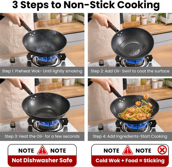 13 Inch Carbon Steel Wok with Lid, Large Flat Bottom Woks & Stir-Fry Pan | Large Chinese Wok Pan, 6.45QT, Nitrided Carbon Steel, No Chemical Coating, for All Stoves5