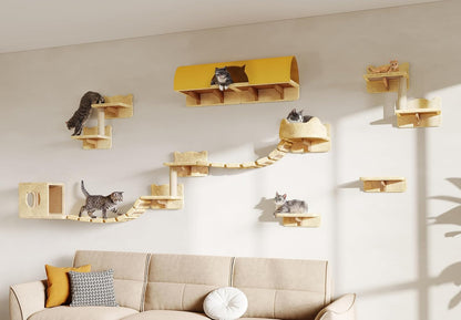 9-In-1 Cat Wall Shelves, Cat Wall Furniture Set with Bridge, Beige | Wall Mounted Cats Shelf for Space-Saving, Multi-Level Cat Climbing Systems for 16 Inch Drywall, with Scratching Posts, Condos16