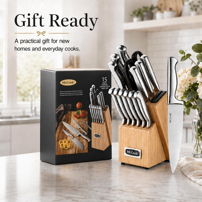 Knife Set Kitchen Steel Knife Block Set W Built-In Sharpener | German Forged Stainless Steel,15 Pc,Razor Sharp,Non-Stick&Anti-Rust,Ergonomic Handle,Full Tang,Gift Box8