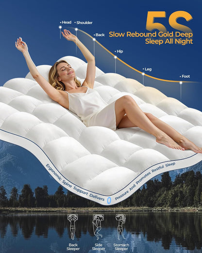 Full Mattress Topper, Thick Mattress Pad for Back Pain Relief, White | Overfilled Plush Pillow Top Design for Deep Sleep, Stretch 8–23'' Deep Pocket, Soft Breathable 3D+7D Snow down Fill5