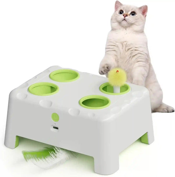 Magic House Interactive Cat Toy with 3 Modes, Rechargeable Whack-A-Mole Feather Toy for Indoor Cats, 4 Holes & 4 Accessories1