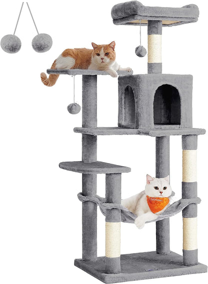 Feandrea Cat Tree, 59.5-Inch Tall Cat Tower, Plush Multi-Level Condo with 5 Scratching Posts, 2 Perches, 2 Caves, Hammock, 2 Pompoms, Light Gray UPCT192W0110