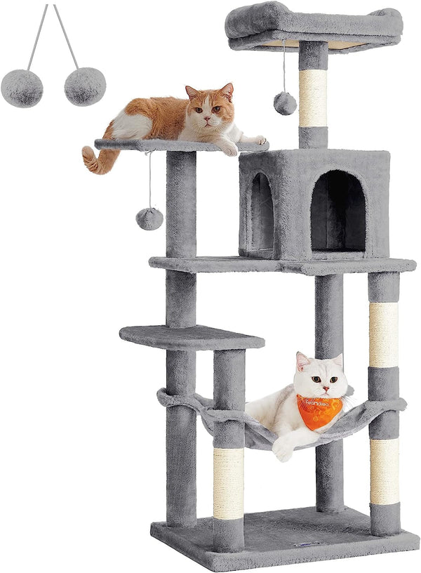 Feandrea Cat Tree, 59.5-Inch Tall Cat Tower, Plush Multi-Level Condo with 5 Scratching Posts, 2 Perches, 2 Caves, Hammock, 2 Pompoms, Light Gray UPCT192W0110