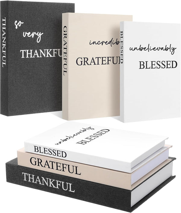 Set of 3 Thankful Grateful Blessed Decorative Books for Home Decor | Linen Faux Books, Stacked Neutral Modern Aesthetic Fake Storage Boxes, Coffee Table, Bookshelf or Mantle Display1