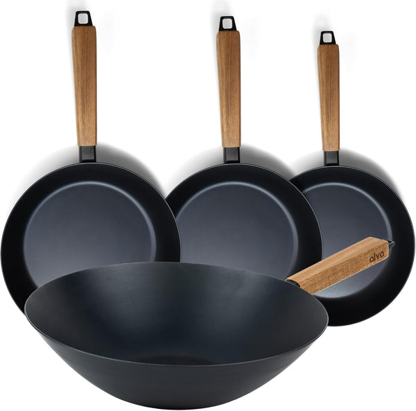 Forest 4-Piece Professional Carbon Steel Frying Pan Set, Wood Handle | Pre-Seasoned Non-Toxic Frying Pans - Chemical-Free, Traditional Cooking Surface - All Stovetop Compatible & Fast-Heating1