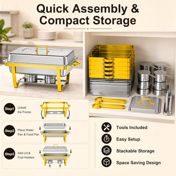 4Pack Rectangular Chafing Dishes for Buffet,Total 36QT Set with 7 Food Pans | Versatile 7 Pan Setup ,450°F Oven-Safe Pans,Hot Cold Food Service,Bonus Tongs,Easy Assembly Storage,Elegant Gold Finish8