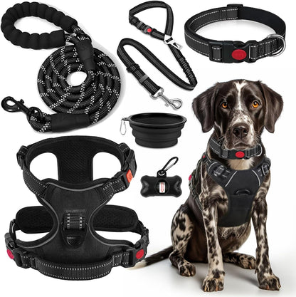 LOBEVE No Pull Dog Harness, Collar & Leash Set | Includes Dog Seat Belt, Collapsible Bowls & Poop Bag Dispenser. Ideal for Training, Walking, Hiking. Fits Small to Large Dogs(Pink-L)10