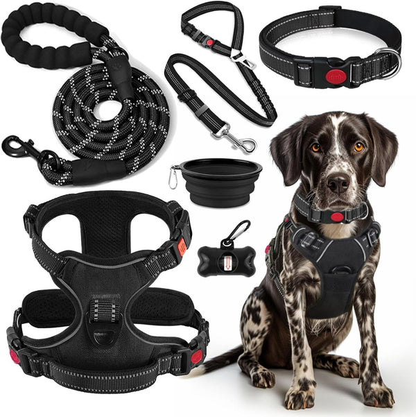 LOBEVE No Pull Dog Harness, Collar & Leash Set | Includes Dog Seat Belt, Collapsible Bowls & Poop Bag Dispenser. Ideal for Training, Walking, Hiking. Fits Small to Large Dogs(Pink-L)10