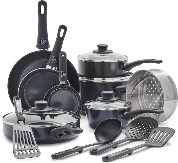 16 Piece Ceramic Nonstick Pots & Pans Cookware Set, Black | Pfas-Free Nonstick Coating, Stockpot, Frying Pans, Saucepans, Sauté Pan, Stay-Cool Handles, Dishwasher & Oven Safe up to 350F1