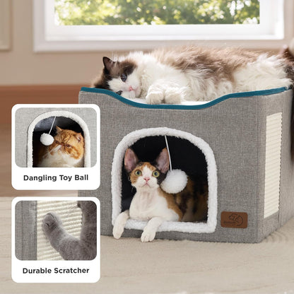 Bedsure Cat House Bed for Indoor Cats with Fluffy Ball and Scratch Pad,Grey | 16.5X16.5X13 In,Large Cat Cave for Multiple Pets,Foldable Cat Hideway Cube for Sleeping Kitten6