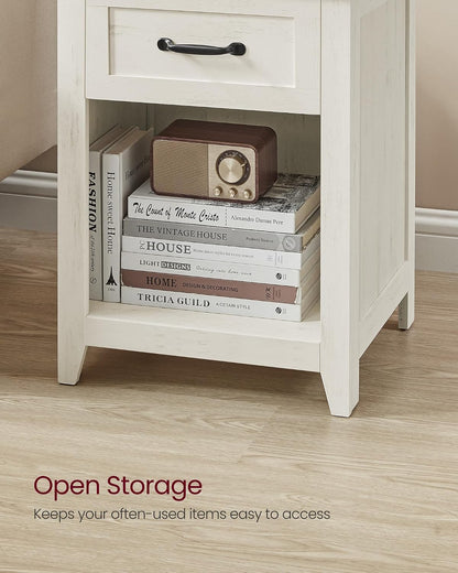 VASAGLE Farmhouse Nightstands with Charging Station, 1 Drawer, Set of 2 | Bedside Table, Side Table with Open Compartment, for Bedroom, Rustic White and Honey Brown, LIRY Collection ULET859K418