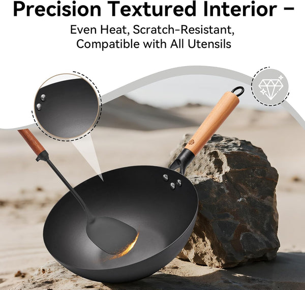 11.8" High Purity Iron Wok Pan,Flat Bottom Stir Fry Pan for Electric,Induction & Gas Stoves,No Chemical Coating Carbon Steel Alternative,Traditional Hand-Hammered Skillet for Cooking3