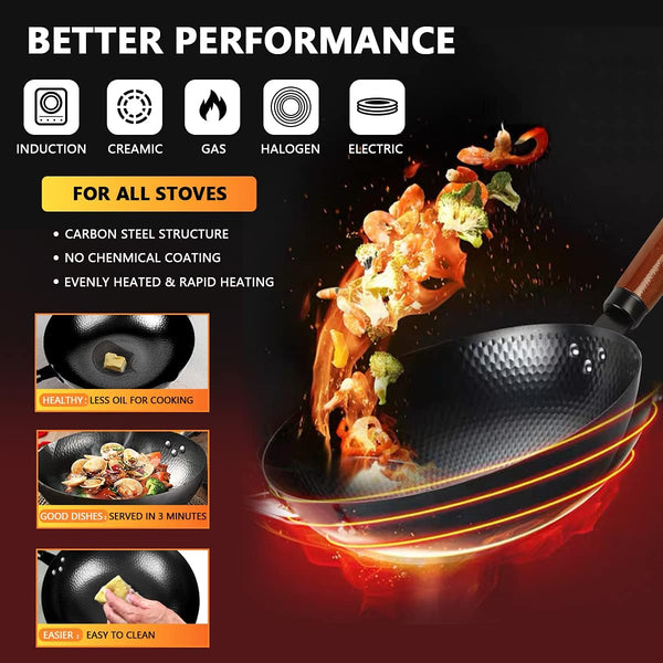 14 Piece Carbon Steel Wok Pan, Woks & Stir-Fry Pans Set with Wooden Lid Cookwares, No Chemical Coated Flat Bottom Chinese Pan for Induction, Electric, Gas, Halogen All Stoves - 12.6''5