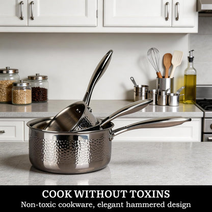 14-Piece Tri-Ply Hammered Stainless Steel Cookware Set | Multifunctional 14Pc Pots and Pans with Steamer | Non-Toxic No-Coating Nonstick | Induction & Oven-Safe up to 500°F2