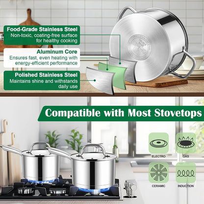 Stainless Steel Cookware Set, 10-Piece Induction Pots and Pans Set | Non-Toxic Kitchen Cooking Set W/Frying Pan, Saucepan, Saute Pan, Stockpot with Lids, Oven & Dishwasher Safe3