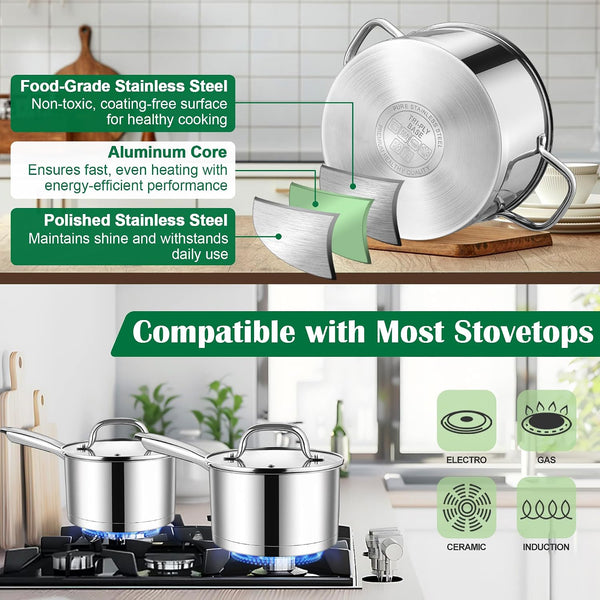 Stainless Steel Cookware Set, 10-Piece Induction Pots and Pans Set | Non-Toxic Kitchen Cooking Set W/Frying Pan, Saucepan, Saute Pan, Stockpot with Lids, Oven & Dishwasher Safe3