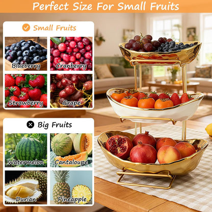 3 Tier Ceramic Fruit Bowl for Kitchen Counter with Metal Rack, Fruit Basket with Stand, Porcelain Bowls for Vegetable Bread Candy Snack Nuts Dessert Cake Tray (Gold 3 Layer)6