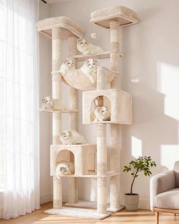 Hey-Brother Cat Tree Tower, Wide Base, 5 Platforms for Multi-Cats, MPJ074MJ | 72.8 Inches Tall Furniture, 5 Plush Beds, Large Condo, Big Hammocks, Sisal Scratching Posts, for Indoor Adult Cat Beige Brown9