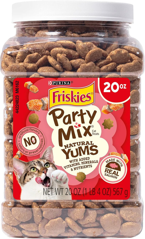 Purina Friskies Natural Cat Treats Party Mix Natural Yums with Real Salmon and Added Vitamins, Minerals and Nutrients - 20 Oz. Canister1