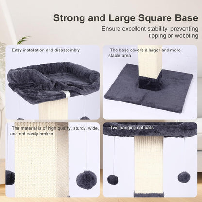 34" Cat Scratching Post for Indoor Cats, Sisal Cat Scratcher with Large Plush Perch, Vertical Posts with Elevated Bed and with Two Dangling Balls, Removable & Washable Cover, Dark Grey5