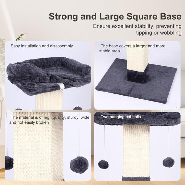 34" Cat Scratching Post for Indoor Cats, Sisal Cat Scratcher with Large Plush Perch, Vertical Posts with Elevated Bed and with Two Dangling Balls, Removable & Washable Cover, Dark Grey5