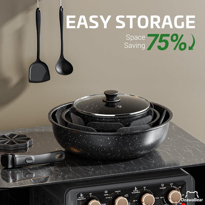 12 Pcs Pots and Pans Set Non Stick, Ceramic Cookware Set Non Toxic with Detachable Handles, Healthy Induction Cookware Oven Safe RV Kitchen Set, PFAS PFOA & PTFE Free, Black4
