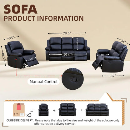 Manual Reclining Sofa Set, 2-Piece Living Room Furniture Set, Recliner Couch Loveseat，Faux Leather Sofa Set for Living Room/Apt/Home Theater/Office2