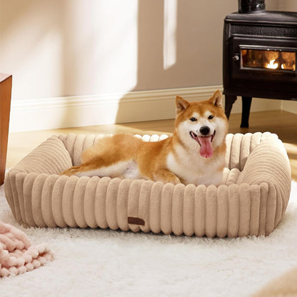 Bedsure Comfyfleece™ Cute Dog Bed for Small Medium Dogs Washable,25In Cream | Furry Puppy Beds,Square Rectangle Orthopedic Corduroy Aesthetic Pet Beds,Removable Zipper Cover,Non-Slip Bottom,Up to 15 Lbs26