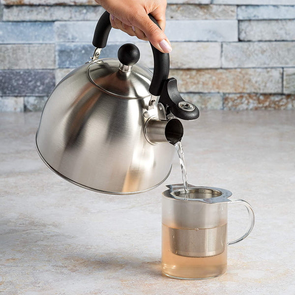 Stewart Whistling Tea Kettle for Stovetop, Stainless Steel Stove Top Kettle with Fast Boil Whistling Spout and Cool Touch Folding Handle, 1.5-Quart, Brushed Silver with Black Handle10