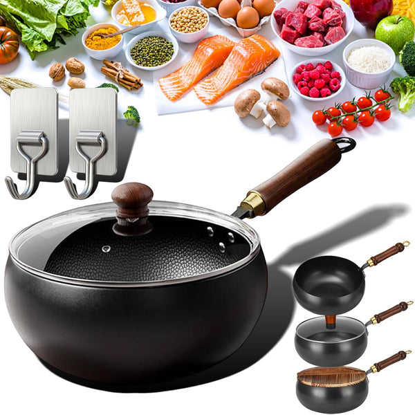 Japanese Iron Pot with Lid, Heavy Duty Uncoated Iron Wok, Deep Frying Pan for Stovetop Cooking, Traditional Iron Cookware for Stir Fry and Sauté (Hammer-Glass Cover, M-9.5 In)1