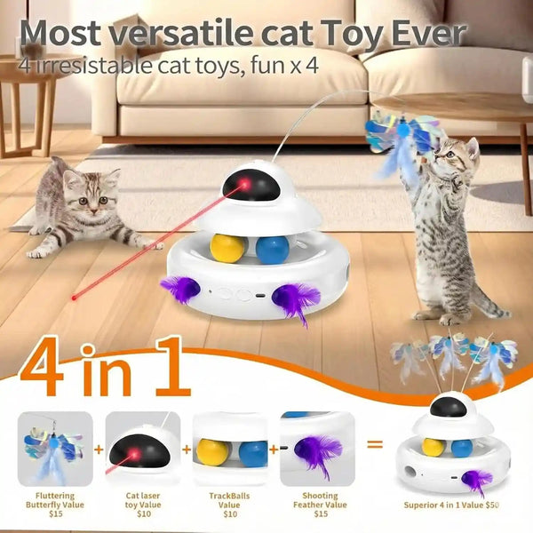 MOHAYA Cat Toys，4-In-1 Interactive Cat Toy for Indoor Cats with Laser, Fluttering Butterfly, Moving Feather and Track Balls - USB Rechargeable Self-Play Kitten Toy (White)3