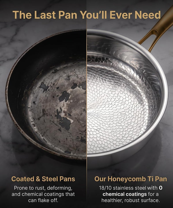 Titanium Pans for Cooking | 10" Pure Titanium Hammered Pro Frying Au Gratin Pan with Lid | Non-Toxic Skillet | PFAS/PFOA/PTFE Free Cookware | Dishwasher&Oven Safe6