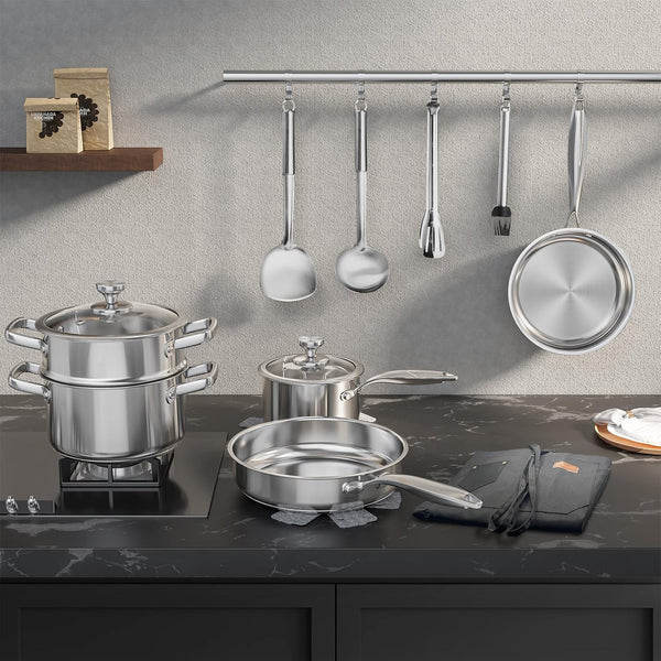 Pots and Pans Set Non Toxic, 16Pcs Stainless Steel Cookware Set with Steamer, Kitchen Induction Cookware with Utensil Sets, Pot Protectors and Apron for Oven & Dishwasher Safe6