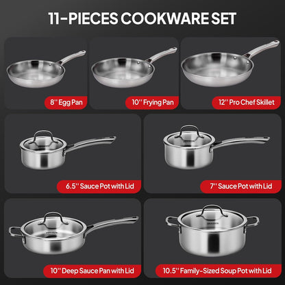 11-Pcs Stainless Steel Cookware Set, Tri-Ply Pots and Pans Set, Non-Toxic Kitchen Set, PFOA & PTFE Free, Full Clad Frying Pans, Saucepans, Saute Pan & Stock Pot, Compatible for All Cooktops2