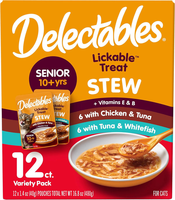 Delectables Lickable Treat Stew Senior 10+ Wet Cat Treat with Real Chicken, Food Topper, Hydrating, Grain-Free, No Fillers, No By-Products, No Added Preservatives, 1.4Oz Pouch, 12Ct1