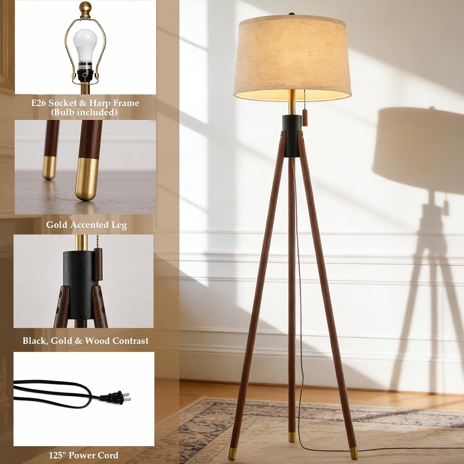 mid-century-tripod-floor-lamp-with-pull-chain-black-gold-finish-two-tone-solid-wood-design-linen-tapered-drum-shade-tall-standing-lamp-for-living-room-bedroom-reading-corner-bulb-included