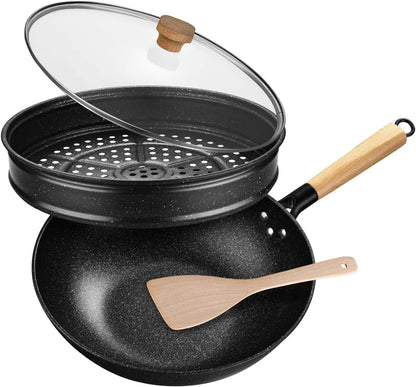 Non-Stick Wok with Steamer Basket,12 Inches Stir Fry Pans with Lid, Flat Bottom Pan Multifunctional Cookware Chinese Woks for Induction, Gas, Halogen1