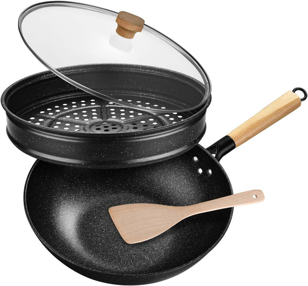 Non-Stick Wok with Steamer Basket,12 Inches Stir Fry Pans with Lid, Flat Bottom Pan Multifunctional Cookware Chinese Woks for Induction, Gas, Halogen1