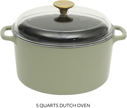 Sur La Table Kitchen Essential Supper Club 5-Quart Enamel-Coated Cast Iron Dutch Oven Pot with Oven Safe Glass Lid, Oven-To-Table Cookware for Bread, Soups, Stews & Braising - Juniper Green3
