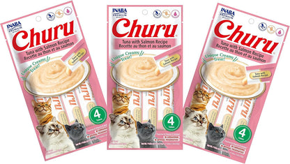 INABA Churu Cat Treats, Grain-Free, Lickable, Squeezable Creamy Purée Cat Treat/Topper with Vitamin E & Taurine, 0.5 Ounces Each Tube, 4 Tubes, Tuna with Salmon Recipe20