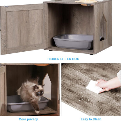 Hey-Brother Cat Tree Tower, Litter Box Enclosure, Food Station, MPJ100SG | 47.24 Inches Wooden All-In-One Cat House, Large Hammock, Bed, Scratching Posts, Modern Style for Indoor Cats, Rustic Gray6